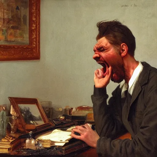 Image similar to an angry man screams at his computer monitor, oil on canvas, 1 8 8 3, highly detailed