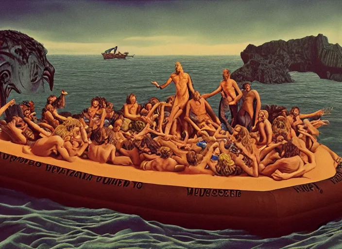 Image similar to photo of the raft of the medusa, by annie leibovitz by roger corman by richard corben by william eggleston, fujifilm velvia 5 0. masterpiece, intricate, hyper realism, high detail, octane render, unreal engine, 8 k