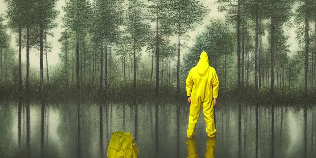 Image similar to a man in a yellow hazmat suit carries a barrel of nuclear waste and stands in a small lake with reflections in a detailed forest, painting, concept - art!!, rendering, octane, redshift, cinematic composition, volumetric lighting