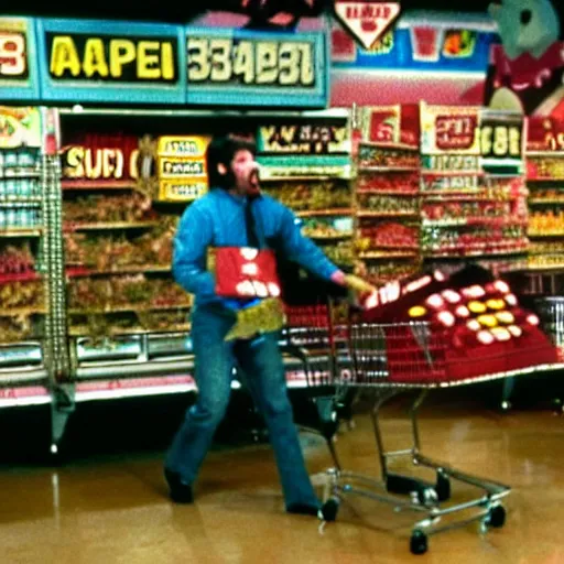 Prompt: Angry wolves are released on the set of Supermarket Sweep. (1975)