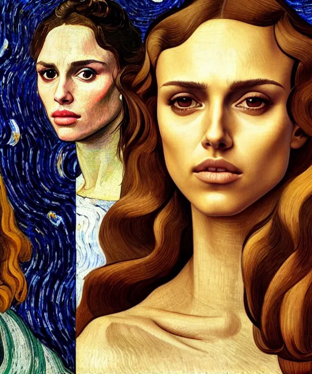 Prompt: half Nathalie portman half jessica alba portrait by Sandro Botticelli and Van gogh, sci-fi, amber eyes, beautiful face, appealing long hair, fantasy, intricate, elegant, highly detailed, digital painting, artstation, concept art, smooth, sharp focus, oil painted illustration by Sandro Botticelli and Van Gogh