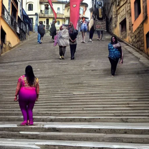 Prompt: an obese Indian woman and Jodie Marsh on steps in Porto, greg rutkowski