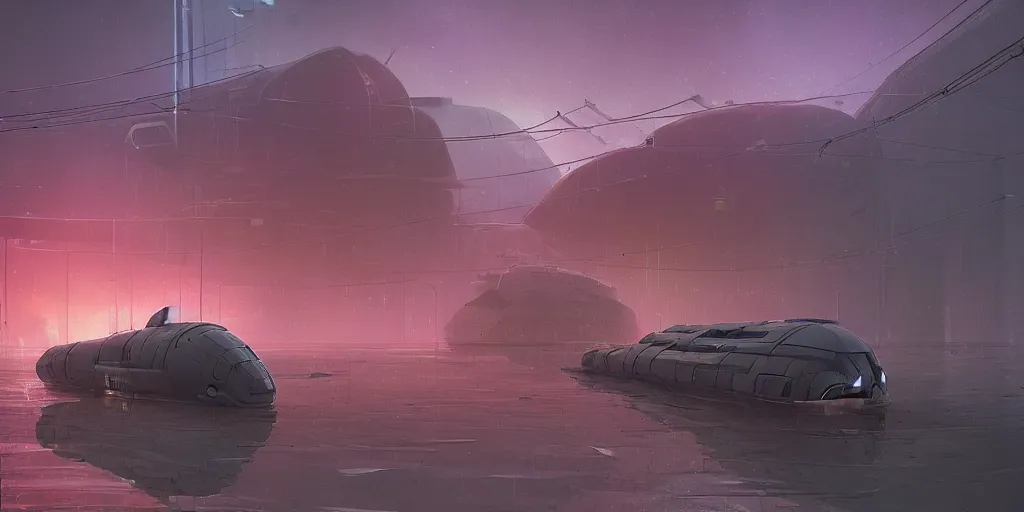 Image similar to scifi soviet cargo spaceship in heavy armor, liminal space around, puddles of water, by simon stalenhag, by ian pesty and alena aenami and makoto shinkai, concept art, matte painting, washed colors,