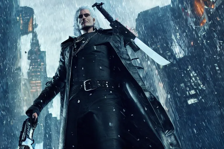 Image similar to vfx movie suave handsome grinning vampire with long white hair, trench coat, dual wielding large revolvers, leaping into the air, low gravity in a shattered reality of new york city, witcher devil may cry by emmanuel lubezki