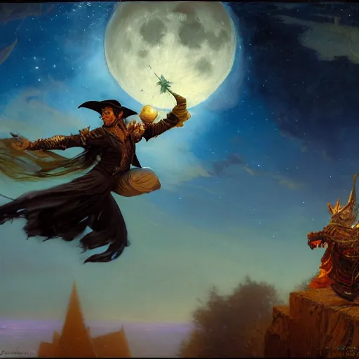 Prompt: attractive male witch magically flying trough the night, fantasy, full moon in background. highly detailed painting by gaston bussiere, craig mullins, j. c. leyendecker, mid shot, 8 k