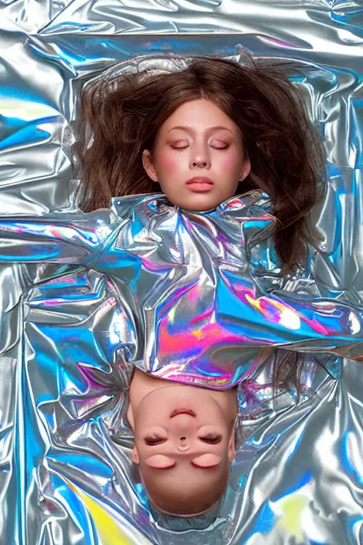 Prompt: hyperrealism close-up young girl lying in a holographic puddle unconscious in a room viewed from above photo by Terry Richardson