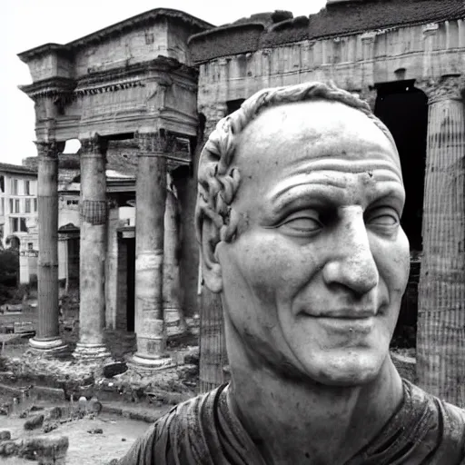 Image similar to Recovered photo of julius caesar taken in front of the roman forum. He has a cheesy grin. Sepia. Small tears on edge and creased.