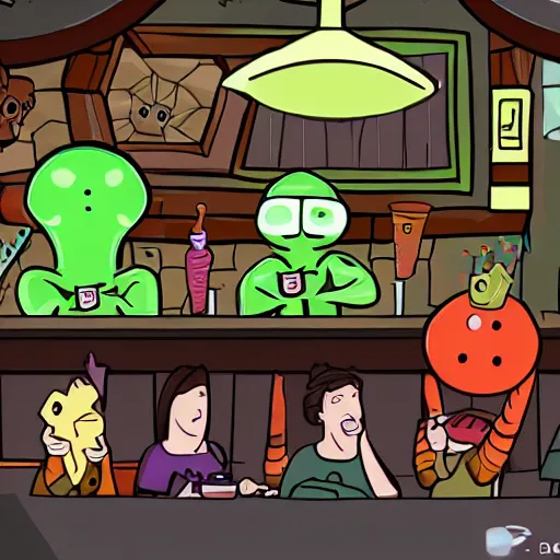 Prompt: assorted aliens hang out in a pub