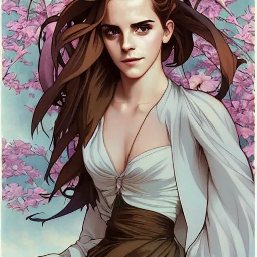 Prompt: emma watson being shy perfect coloring, low saturation, epic composition, masterpiece, bold complimentary colors. stunning masterfully illustrated by artgerm, range murata, alphonse mucha, katsuhiro otomo