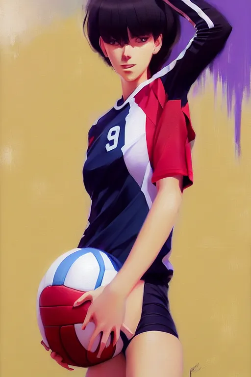 Image similar to A ultradetailed beautiful panting of a stylish woman wearing a volleyball jersey, Oil painting, by Ilya Kuvshinov, Greg Rutkowski and Makoto Shinkai