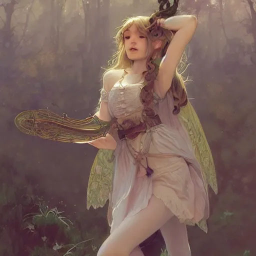 Image similar to elf fairy, bard, lute, art supplies, cardigan, blonde, highly detailed, intricate, digital painting, artstation, sharp focus, illustration, art by jakub rozalski, greg rutkowski, artgerm, tan zi and ayanamikodon and alphonse mucha and wlop