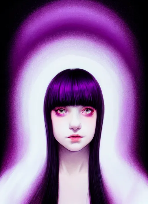 Image similar to portrait of teenage girl with white bangs, red irises, black hair, purple clothes, white bangs, bangs are different color from hair, intricate, front of hair is white rest is black, elegant, glowing lights, highly detailed, digital painting, artstation, concept art, smooth, sharp focus, illustration, art by wlop, mars ravelo and greg rutkowski