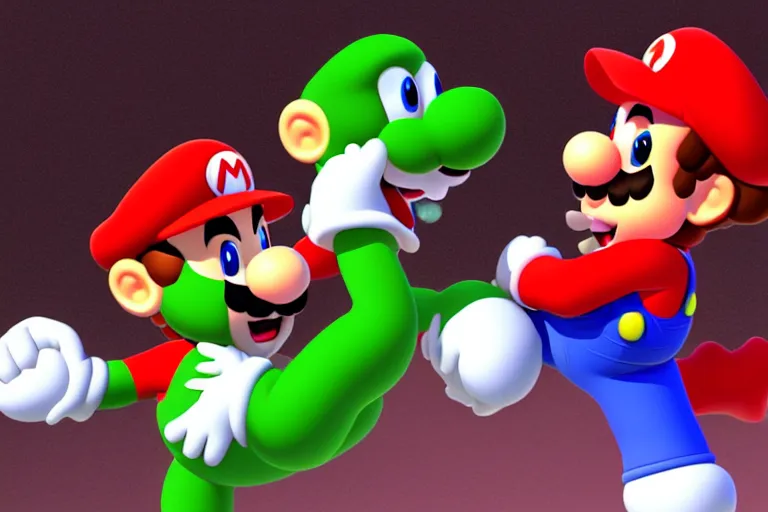 Image similar to a photo of mario punching yoshi in the face, photorealistic, 8 k