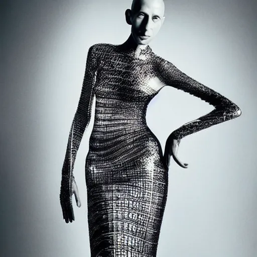 Image similar to a model dressed in an avant garde haute couture dress, iris van herpen and alexander mcqueen, vogue editorial photo, sharp focus dynamic light