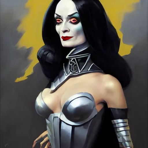 Image similar to greg manchess portrait painting of armored morticia from addams family as overwatch character, medium shot, asymmetrical, profile picture, organic painting, sunny day, matte painting, bold shapes, hard edges, street art, trending on artstation, by huang guangjian and gil elvgren and greg rutkowski