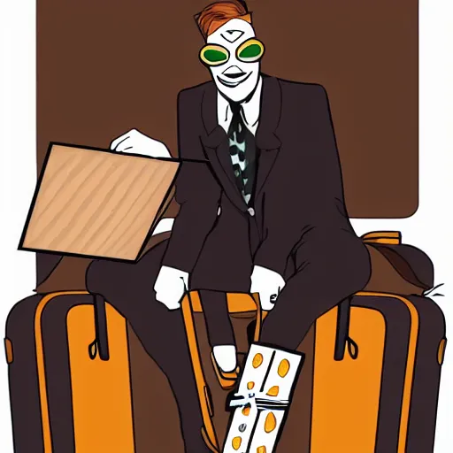 Image similar to brown suitcase containing domino mask being opened by a ginger caucasian male in a brown suit, jorge fornes artstyle, colorful, somber