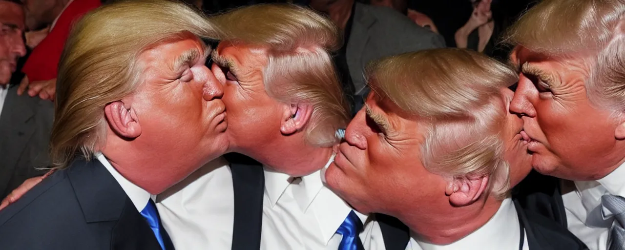 Prompt: Candid photo of shirtless donald trump kissing himself