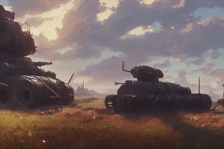 Image similar to concept art of an open field with ruined dieselpunk orcish tanks in the background, key visual, ambient lighting, highly detailed, digital painting, artstation, concept art, sharp focus, by makoto shinkai and akihiko yoshida and hidari and wlop