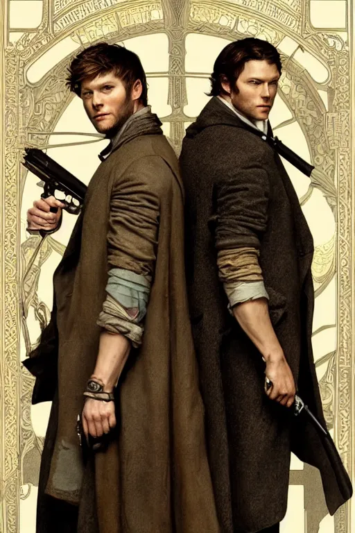 Image similar to a detailed matte portrait of jensen ackles and jared padalecki as sherlock holmes and watson, masterpiece, 8 k, art by alphonse mucha and greg rutkowski