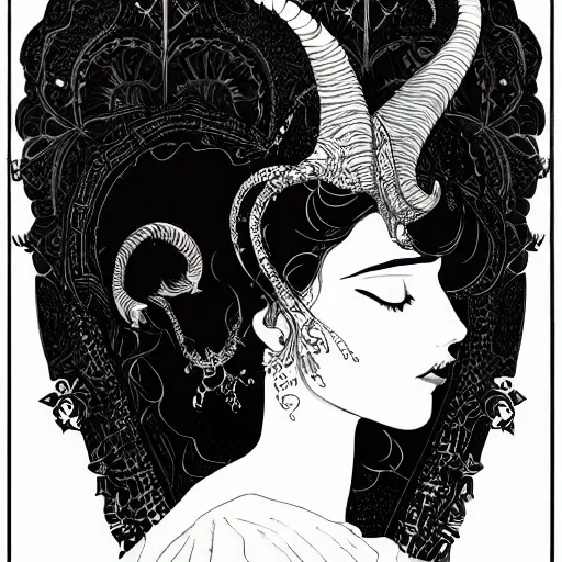 Image similar to filigree detailed illustration portrait of a profile of gypsy half - girl half - goat with long curly hair and big goat horns on her head, aubrey beardsley, tomer hanuka, makoto shinkai