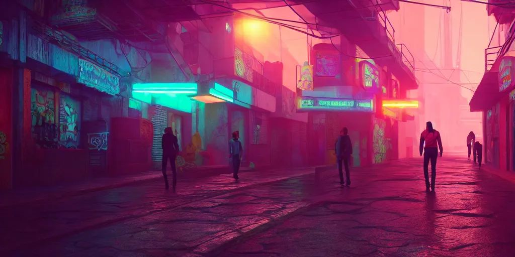 Image similar to a futuristic small mexican town cobbled street, blade runner 2 0 4 9 city architecture, mexican dia de muertos decorations, environmental lighting, stromy weather, ray tracing, people walking on street, amazing view, highly detailed, neon shops, octane render, unreal engine 5, 4 k