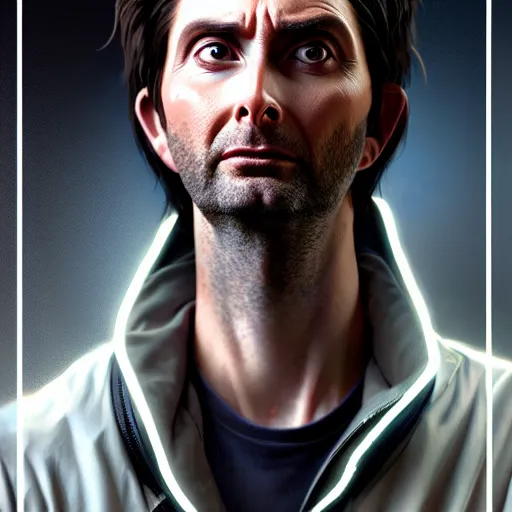 Image similar to portrait painting of a cyberpunk mechanic david tennant, ultra realistic, concept art, intricate details, eerie, highly detailed, photorealistic, octane render, 8 k, unreal engine. art by artgerm and greg rutkowski and charlie bowater and magali villeneuve and alphonse mucha