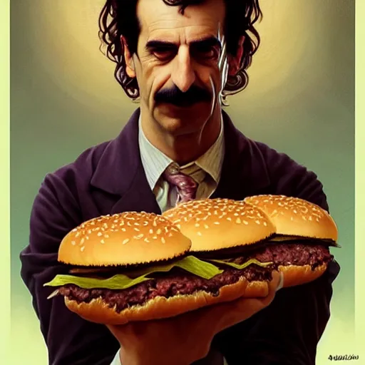 Prompt: portrait of frank zappa eating hamburgers, extra onions and ketchup, luscious patty with sesame seeds, feminine ethereal, handsome, d & d, fantasy, intricate, elegant, highly detailed, digital painting, artstation, concept art, matte, sharp focus, illustration, art by artgerm and greg rutkowski and alphonse mucha