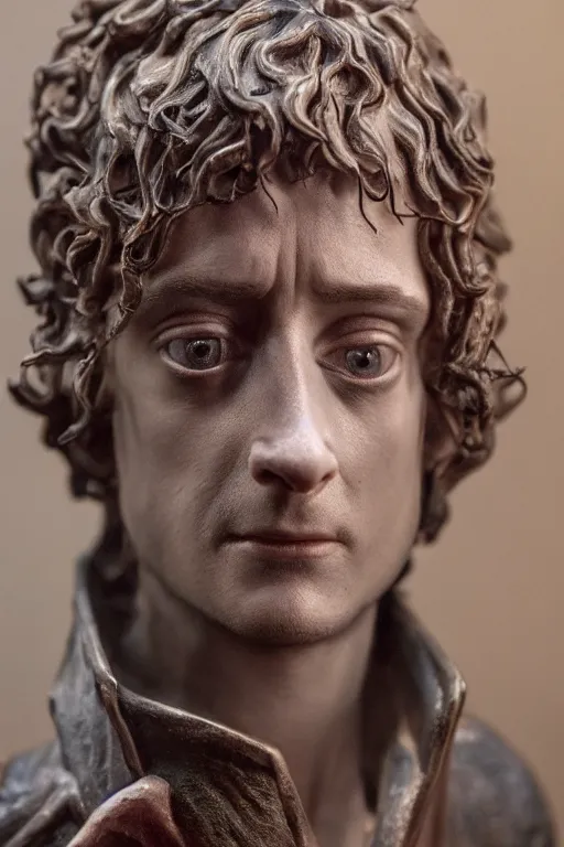 Image similar to tribute sculpture of elijah wood as frodo, oil on canvas, intricate, 8 k highly professionally detailed, hdr, cgsociety