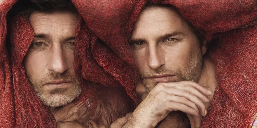 Prompt: a man with a slight stubble is lookin through the shawl, photo by Annie Leibovitz,