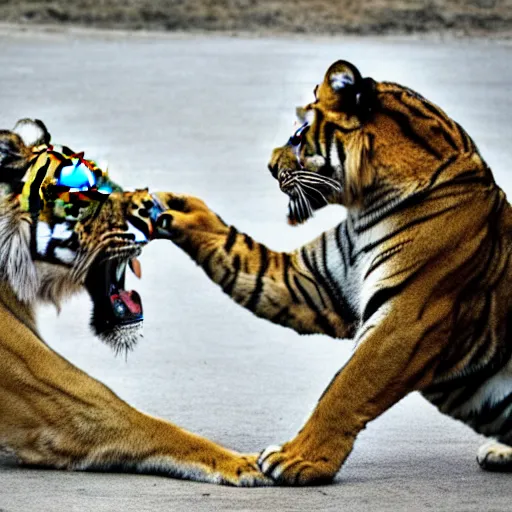 Prompt: tiger fighting a lion