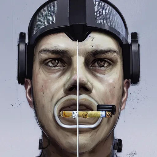 Image similar to Portrait of a man by Greg Rutkowski, symmetrical face, a marine with a helmet, using a VR Headset, Kubric Stare, with a cigarete in his mouth, crooked smile, he's wearing a tacitcal gear, highly detailed portrait, scifi, digital painting, artstation, book cover, cyberpunk, concept art, smooth, sharp foccus ilustration, Artstation HQ