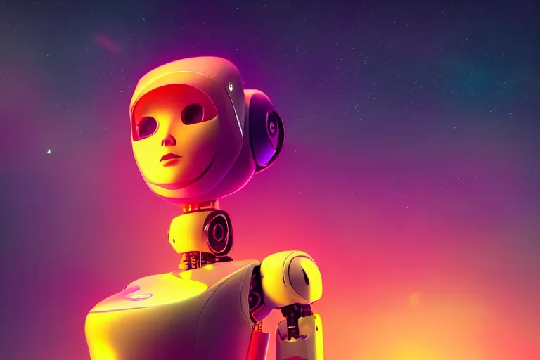 Prompt: a beautiful calm robot girl looking up to the stars, photograph, colorful background, render, 3 d, render, 8 k, 4 d,