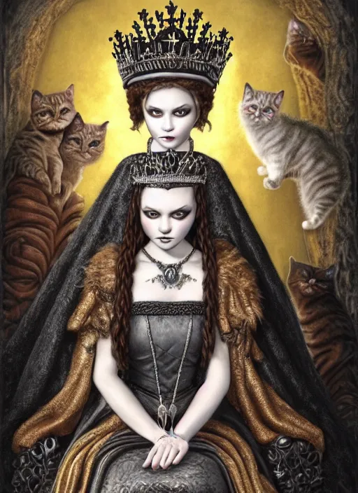 Image similar to highly detailed closeup portrait of a goth medieval queen wearing a crown and sitting on a throne, surrounded by cute cats, unreal engine, nicoletta ceccoli, mark ryden, earl norem, lostfish, global illumination, god rays, detailed and intricate environment