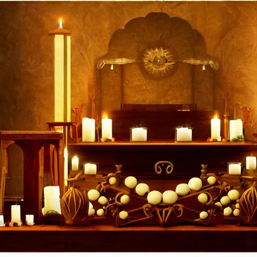 Image similar to realistic photo of an occult art nouveau room interior, old furniture, altar, candles, gloomy volumetric lights