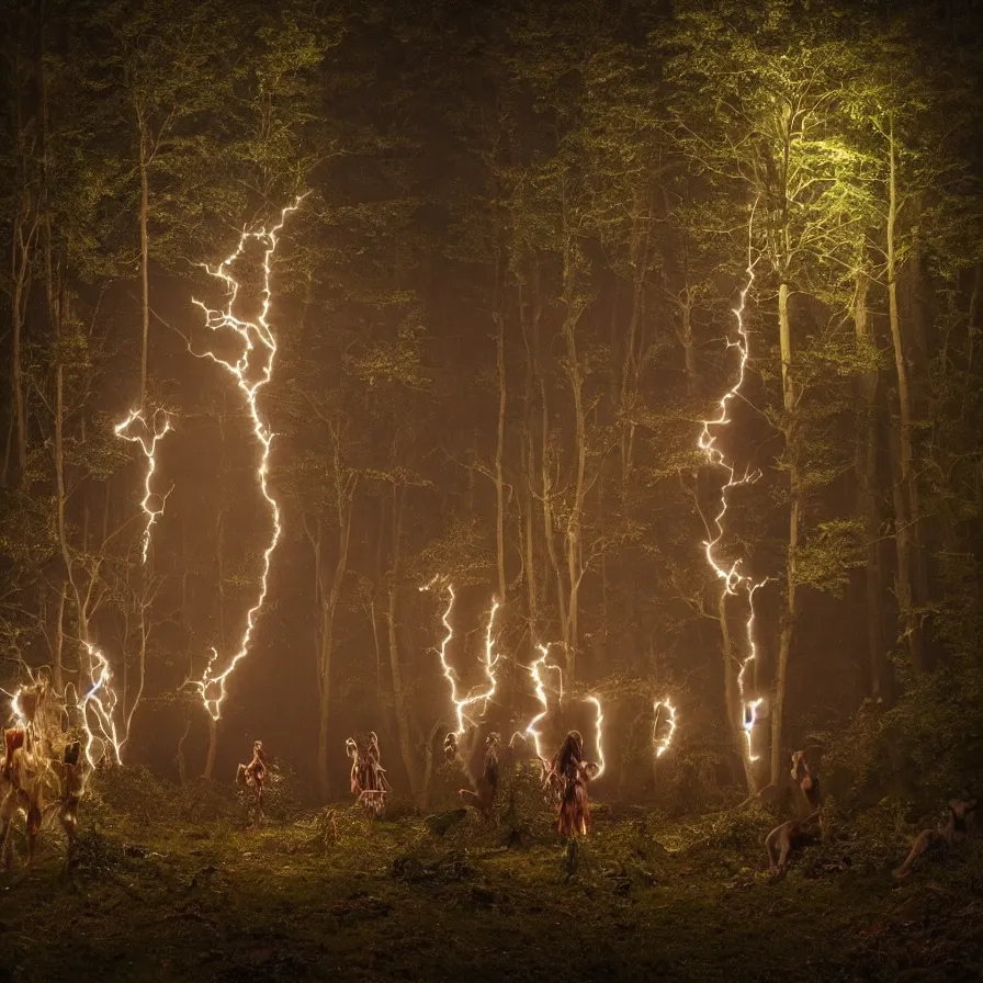 Image similar to photography award of a night carnival fairies, creatures and fantastic people disguised as fantastic creatures in the forest by summer night, masterpiece photography by gregory crewdson, volumetric lightning