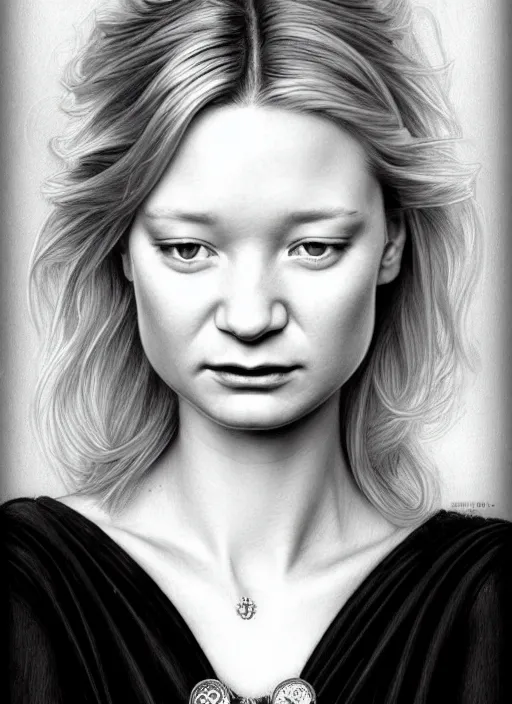 Prompt: a pencil drawing portrait of mia wasikowska with blonde hair, beautiful face, in a dress, jewelry, greek, intricate, headshot, highly detailed, drawn with pencil, black and white, artstation, concept art, sharp focus, cinematic lighting, illustration, art by artgerm and greg rutkowski, alphonse mucha, cgsociety