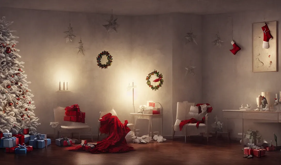 Image similar to a christmas eve photorealistic painting on the wall, home, interior, octane render, deviantart, greg rutkowski, cinematic, key art, hyperrealism, canon eos c 3 0 0, ƒ 1. 8, 3 5 mm, 8 k, medium - format print