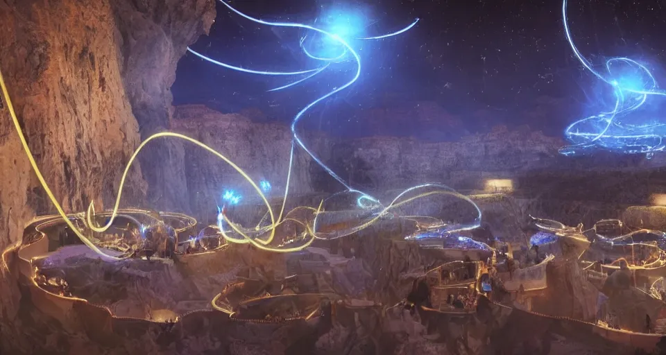 Image similar to night, a lot of people and a spiral - shaped white luminous attractor is floating in grand canyon, concept art, art for the game, professional lighting, art