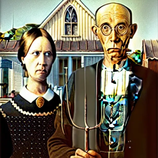 Image similar to a painting by grant wood of an astronaut couple, american gothic style