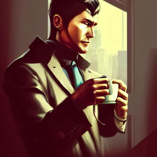 Prompt: portrait of a handsome CEO having a cup of coffee. cyberpunk style, digital art artstation cgsociety