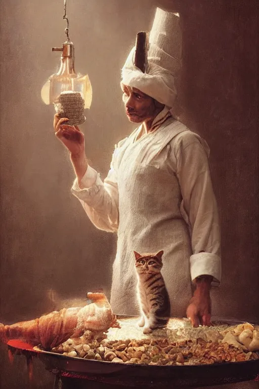 Image similar to a portrait of a cat dressed as a cook, high detail, cleary see face, by gaston bussiere, bayard wu, greg rutkowski, odd nerdrum, maxim verehin, dan dos santos, masterpiece, sharp focus, cinematic lightning