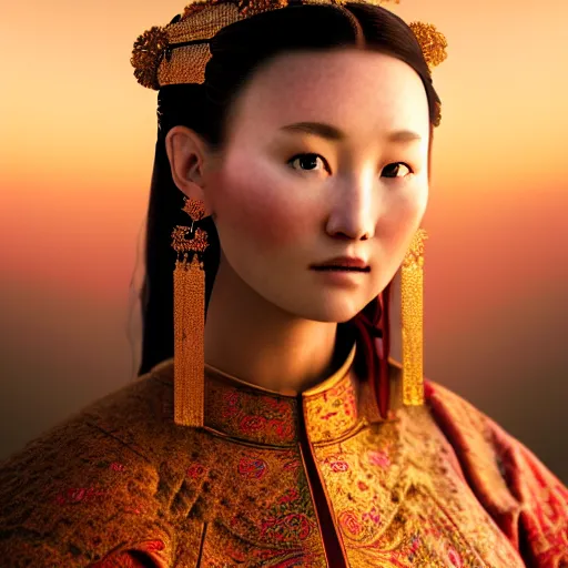 Prompt: photographic portrait of a stunningly beautiful renaissance mongol female in traditional dress in soft dreamy light at sunset, contemporary fashion shoot, by edward robert hughes, annie leibovitz and steve mccurry, david lazar, jimmy nelsson, breathtaking, 8 k resolution, extremely detailed, beautiful, establishing shot, artistic, hyperrealistic, beautiful face, octane render