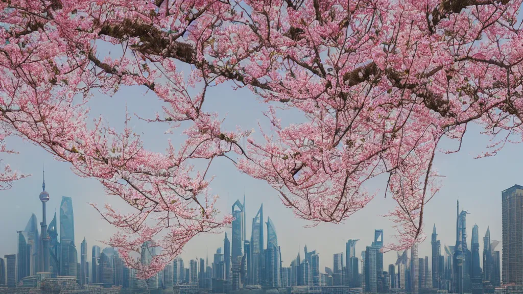 Image similar to a watercolor of Peach blossoms bloom along the Shanghai skyline, The soft pinks and greens of the flowers are offset by the blue of the sky and the gray of the cityscape. HD, Octane render 8K,