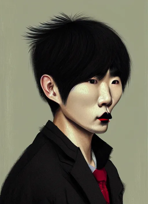 Prompt: portrait of a korean man with a crooked nose and a confident expression, 1 9 6 0 s, black clothes, goth, punk, brightly coloured hair, funk, intricate, elegant, highly detailed, digital painting, artstation, concept art, smooth, sharp focus, illustration, art by wlop, mars ravelo and greg rutkowski