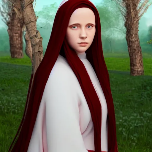 Prompt: young nun with light red long hair standing in a garden, 4k, detailed face, high details, 2D, art, behance