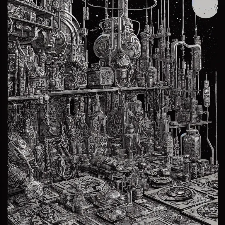 Prompt: ancient alchemist wizards laboratory, high details, intricately detailed, by vincent di fate, inking, 3 color screen print, masterpiece, trending on artstation, etching, sharp, details, hyper - detailed, hd, 4 k, 8 k