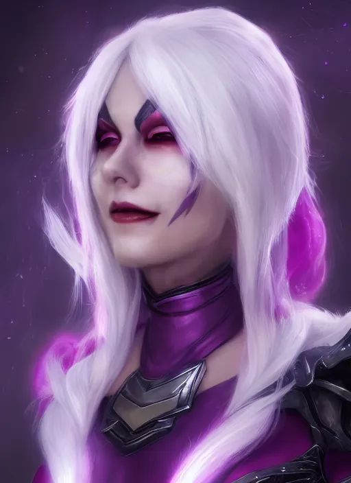 Image similar to smiling syndra, from league of legends, white hair, purple magic, hyper detailed, digital art, au naturel, with abs, trending in artstation, cinematic lighting, studio quality, smooth render, unreal engine 5 rendered, octane rendered, art style by klimt and nixeu and ian sprigger and wlop and krenz cushart