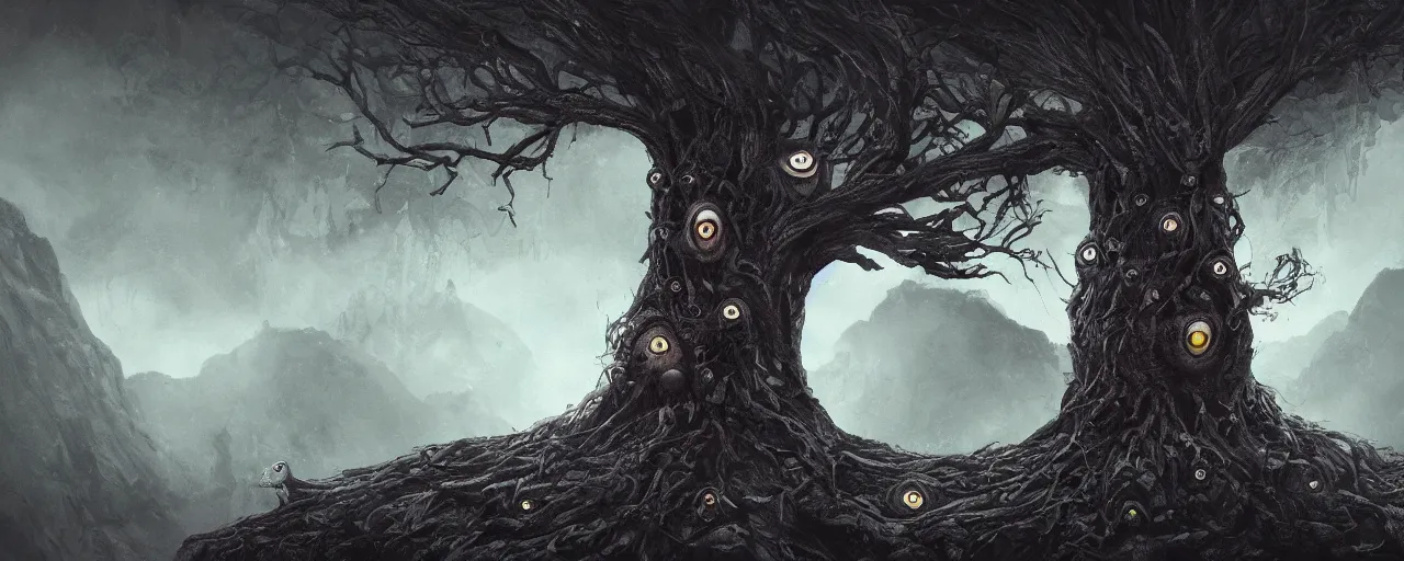 Image similar to a large tree full of eyes relinquished by the mountain, eerie, dark, large scale, breathtaking, mixed media, digital art, trending on artstation, 8k, epic composition, highly detailed, AAA graphics