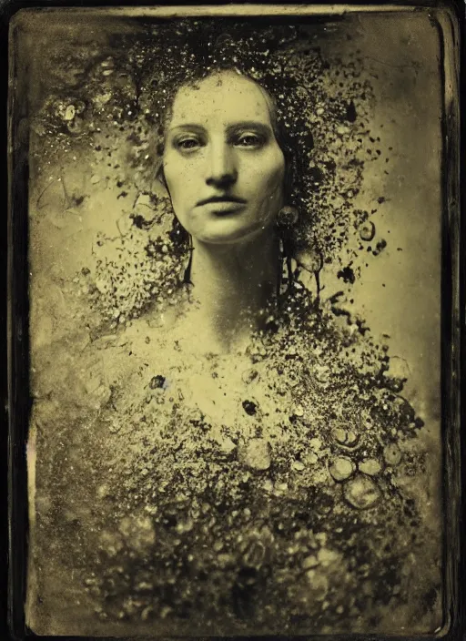 Prompt: old wetplate daguerreotype portrait of a lady with crackle skin, explosion of data fragments, fractal, intricate, elegant, highly detailed, parallax, leica, medium format, subsurface scattering, by jheronimus bosch and greg rutkowski and louis jacques mande daguerre