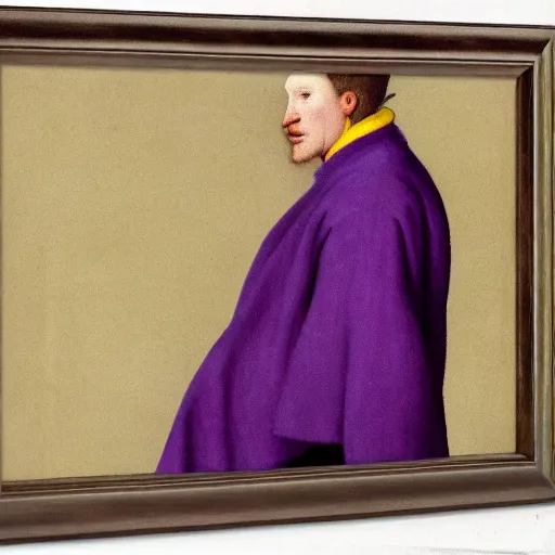 Prompt: A portrait of Barney by Jan Van Eyck, purple and yellow color palette